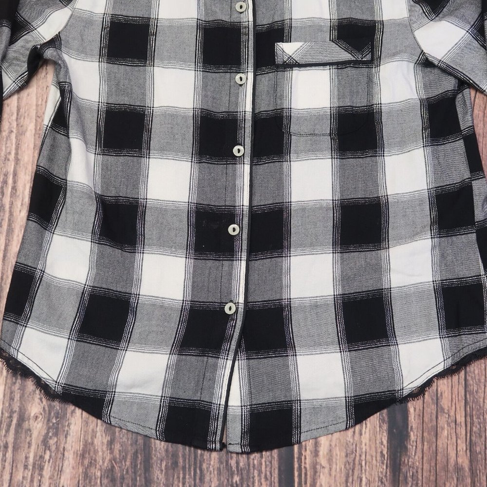Victoria's Secret Black White Silver Long Sleeve Plaid Flannel Shirt Size XS - Picture 4 of 10